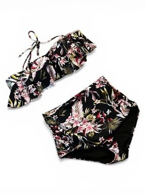 NWOT Cocoship Black Floral Two-Piece Bikini Set